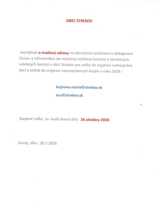 Oznámenie e-mailovej adresy - delegovanie členov komisií pre spojené voľby v roku 2026